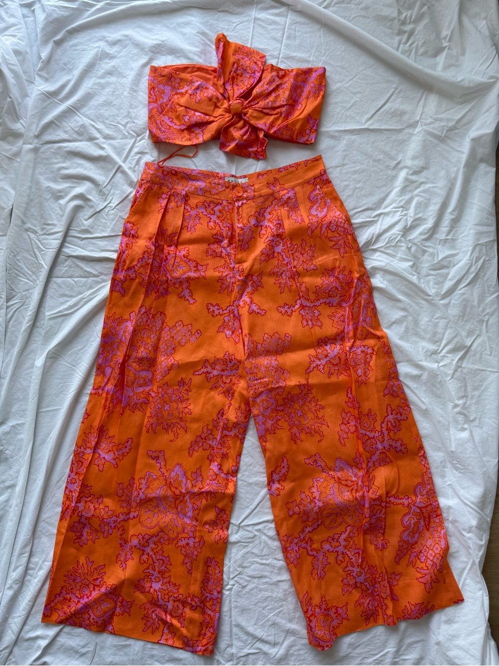 Rhode Linen Matching Set | Bow Bandeau Top L + Wide Leg Pants 12